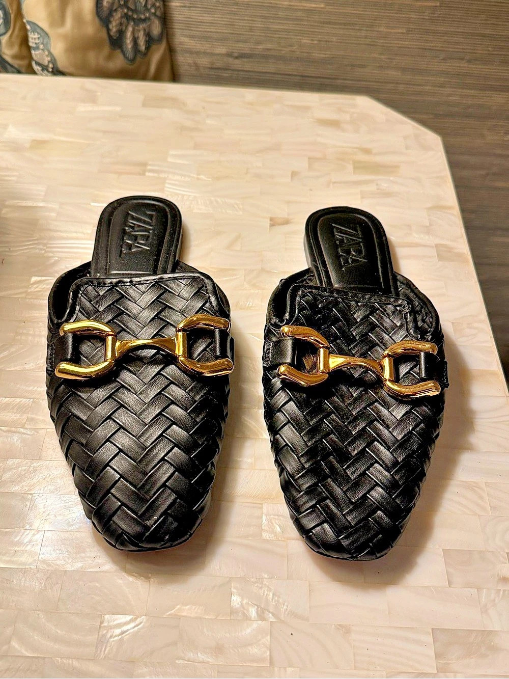Zara Black Woven Buckle Mules